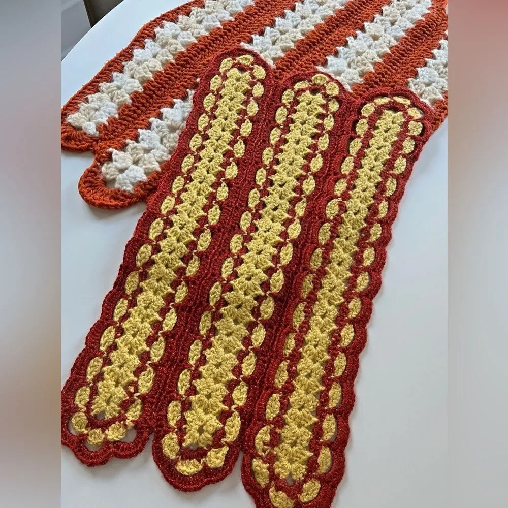 Vintage Handmade Crochet Set of 2 Red Gold Orange Cream Scallop Panels Decor